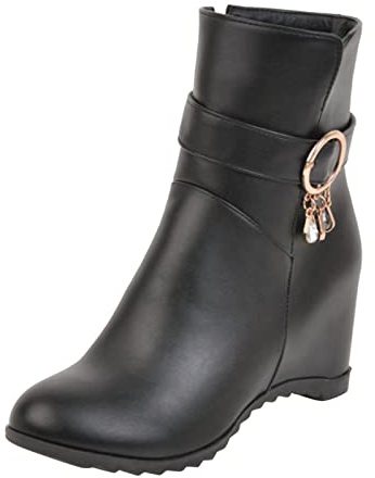 Stivali Donna alla Caviglia con Zeppa Interna Cerniera Laterale e Fibbia Decorativa in Pelle Eleganti (Black, 39)