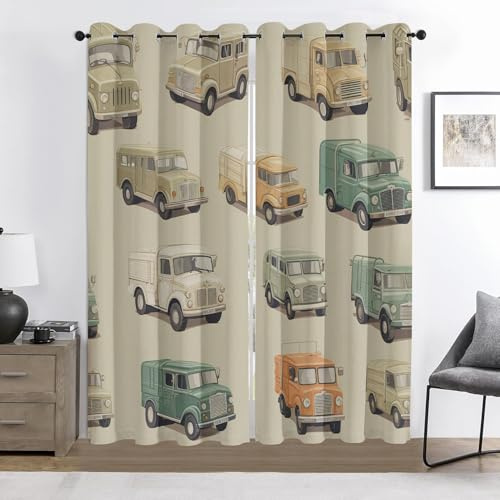 Generisch Retro Truck Vorhang, LKW Blickdicht Vorhänge, Jungen Mädchen Kinder Gardinen mit Ösen Verdunklungsvorhänge Thermovorhang 2er Set für Wohnzimmer Schlafzimmer H 175 x B 140 cm X137y