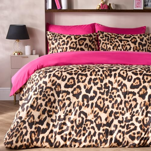 OHS Leopard Print Bedding King Size Duvet Cover Set Reversible, Super Soft Cosy Warm Microfibre Leopard Modern Quilt Cover Set with Pillowcases, Natural/Hot Pink