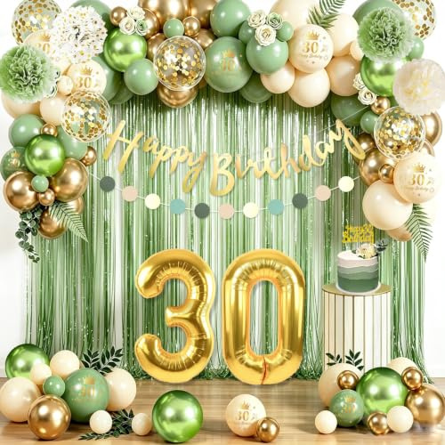 30. geburtstag frauen deko, Salbeigrün Deko 30 Luftballon Geburtstagsdeko | Happy Birthday Banner deko, Lametta-Vorhänge und Pompons, komplettes Deko Set zur 30. Geburtstagsfeier