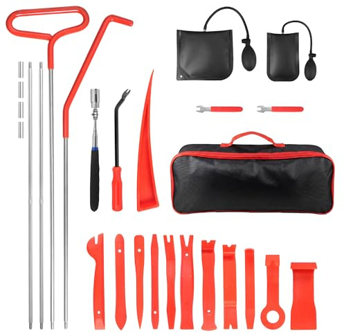 Car Lockout Kit, 26PCS Car Tool Kit with Long Reach J-Hook, Air Wedge Bag, Telescoping Magnetic Pickup Tool with Light, Door Wedge, Clip Remover Tool, Plastic Pry, for Minor Repairs of Car, Home etc.