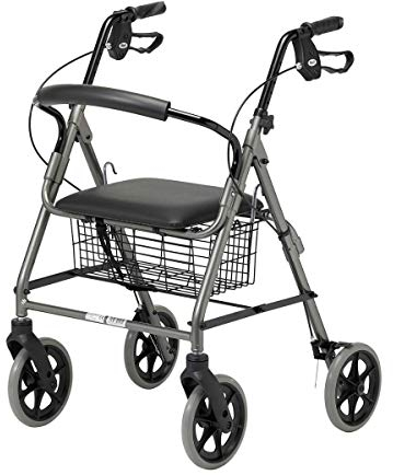 Homecraft Four Wheeled Rollator Walker with Cable Brakes, Padded Seat and Backrest, Underseat Basket, Lightweight Foldable Aluminium Frame, Lockable Brakes, Walking Mobility Aid, Swivel Wheels, Ruby