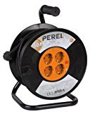 Perel Kabeltrommel, Kabelrolle Innenbereich, Verlängerungskabel, Stromtrommel, Kabelaufroller, 4 Schutzkontaktsteckdosen Typ F Schuko, deutsche Steckdose, Überhitzungsschutz, 50 m, 3G1.5, grau