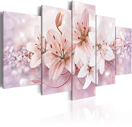 B&D XXL - Quadro Fiori Giglio 200x100 cm 5 Pezzi - Stampa su tela in TNT - Quadri Componibili Moderni Camera da Letto Matrimoniale - Decorazione da parete - Astratto Natura Fiore Rosa b-A-0297-b-p