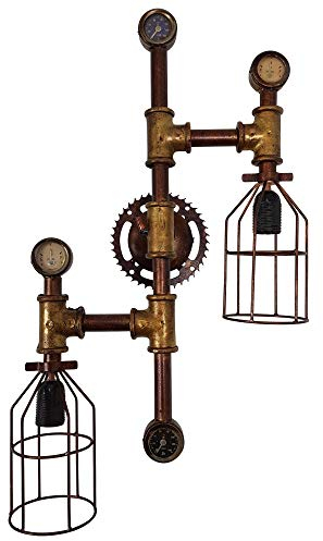 Wandlampe Vintage mit Rohr & Tachometer Elementen Industriedesign - Leuchte mit Steampunk Lampenschirm aus Wasserrohr - Beleuchtung in Retro Look - Laterne industrie-Stil - (H/B/T) (45/20 / 70 cm)