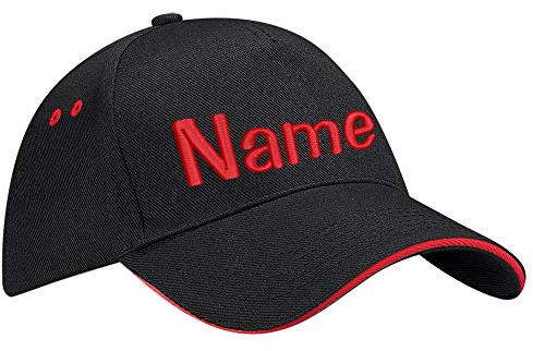 Nashville print factory Ultimate 5-Panel Cap Sandwich Peak Bestickt mit Name/Text Mütze Cappy Basecap (Black/Classic Red)
