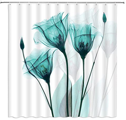 BCNEW Xray Flower Decor Shower Curtain Set, X-Ray Image of A Rose Flower Romance Symbol Creative Artistic Nature Picture Print, Bathroom Accessories, 70W X 70L Inches, Teal White