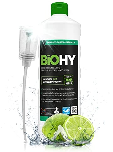 BiOHY Dishwasher Detergent for Commercial use (1l Bottle) + Dispenser | Phosphate-Free |Concentrate for Gastronomy | Radiant Shine Due to Outstanding Fat Dissolving Formula (Geschirrreiniger)
