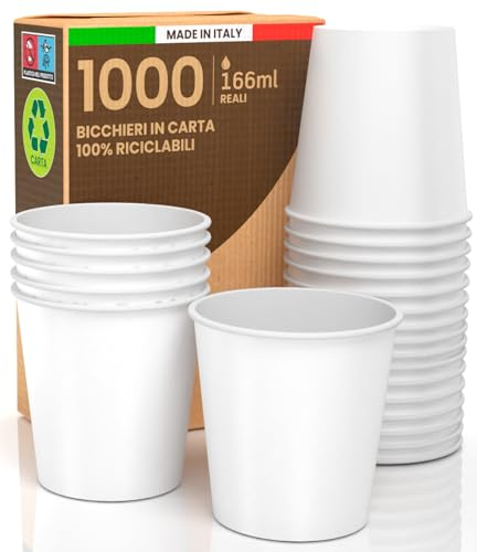 1000 Bicchieri in Carta Bianchi 166ml - Ecologici Biodegradabili Monouso Made in Italy Asporto Per Bevande Calde Acqua - Prodotto e confezionato in Italia