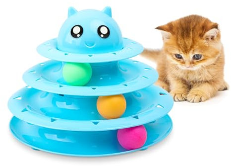 FurDreams Cat Roller Ball Toy Interactive - Blue | 3 Tier Tower Fun Ball with 3 Colour Balls | 3 Level Teaser with Play Balls | Puzzle for Exercise and Stimulation