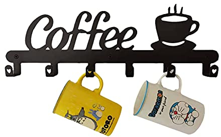 Irishom Porte-tasses à café en métal en forme de café, 6 crochets à suspendre, support mural pour tasses à café, sans clous, crochet de rangement en métal pour présentoir de tasses