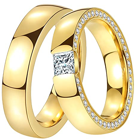DOOSTI Ring Set Damen Herren Edelstahl Gelbgold vergoldet Partnerringe Verlobungsringe Paar Trauringe Hochzeit Freundschaftsringe Eheringe inkl. Gravur mit Namen (Ring mit Zirkonia, 58)