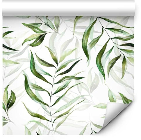 murando - Tapete selbstklebend 10m Wandtattoo dekorative Möbelfolie Dekorfolie Fotofolie Panel Wandaufkleber Wandposter Wandsticker - grün weiß Botanik wie gemalt b-B-10047-j-a