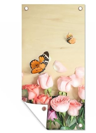 MuchoWow Poster exterieur Fleurs - Roses - Arrosoir Decoration murale 40x80 cm Résistant aux intempéries/soleil