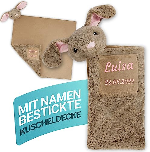 Babydecke mit Namen Bestickt. Zweilagige Kuscheldecke 75x75cm mit süßem Tiergesicht zum kuscheln. Baby Geschenk zur Geburt für Jungen und Mädchen Hase