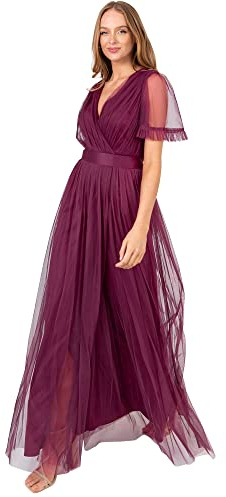 Anaya with Love Ladies Maxi Dress for Women V Neckline Short Sleeve Frilly Long Empire Waist for Wedding Guest Bridesmaid Maid of Honour Berry Size 12