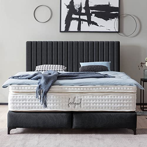 Premium Boxspringbett 200x200 Paris Webstoff, ohne Visco-Topper, Doppelbett, Hotelbett, ohne Bettkasten, 7 Zonen Taschenfederkern-Matratze, Aufbau KOSTENLOS (Schwarz, 200x200 cm ohne Topper)