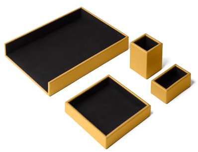 Eglooh - Atena - Schreibtisch Set Echtes Leder Gelb - Schreibtisch Zubehör mit 4 Stücken: Taschenleerer, Stiftehalter, Ablagefächer, Visitenkartenhalter - Made in Italy
