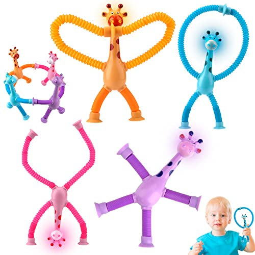 Vibbang 4Pcs Telescopic Suction Cup Giraffe Toys Age 3+, Light Up Pop Tubes Fidget Toy for Toddlers, Shape Changing Telescopic Tube, Decompress Novel Educational Toy,Stretch Sensory Toy Giraffe Toy