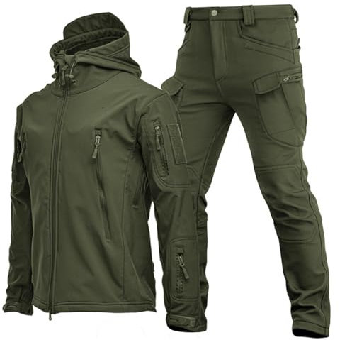 RVUEM Giacca Tattica, Giacche da Caccia Softshell, Uniforme Mimetica Impermeabile dell'Esercito, Tuta Mimetica Militare, Giacca E Pantaloni Tattici da Uomo, Impermeabile, Leggero,Verde,M