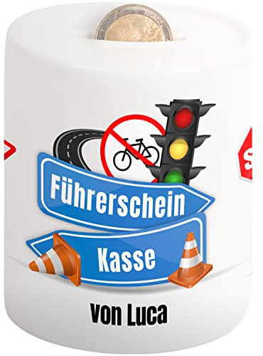 Spardose für Führerschein „Führerscheinkasse“ personalisiert mit Namen - Sparbüchse Sparschwein zum Sparen Geldgeschenk-Verpackung Geschenk-Idee für Mädchen & Jungen (Führerschein Kasse)