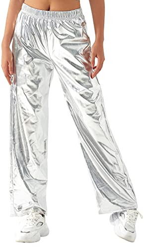 Gl?nzende Metallic Hose Damen Glanz Jogginghose High Waist 80er 90er Jahre Kost?m Lack Leder Wet Look Hip Hop Clubwear Holografische Rave Hose Jogginghose Streetwear Halloween Cosplay Silber L