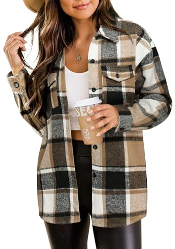 Zeagoo Blouse Femme Épaisse Mélange de Laine Écossaises Blouse Femme À Boutons Manches Longues Chemise Blouse Loose Casual Marron S