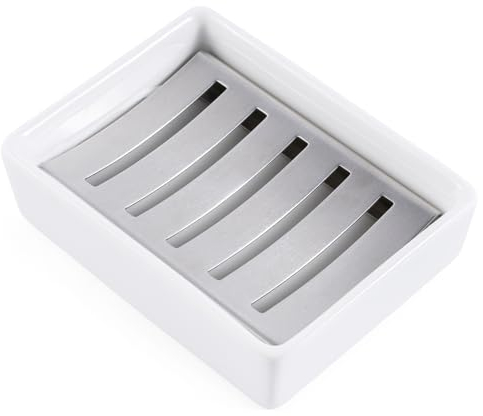 Ceramic Soap Dish (11.8 x 8.8 x 3cm) Stainless Steel Soap Holder for Bathroom and Shower Double Layer Draining Soap Box (Silver tray)