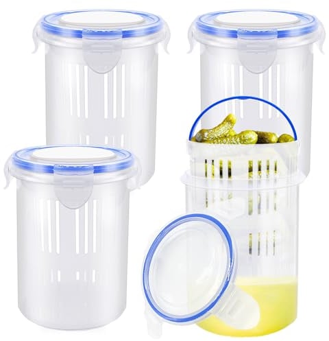 4 Pcs Pickle Container with Strainer,24 oz Pickle Jar with Leak Proof and Lock It Lid,Pickle Holder Keeper Lifter for Olive Jalapeno Juice Food Storage