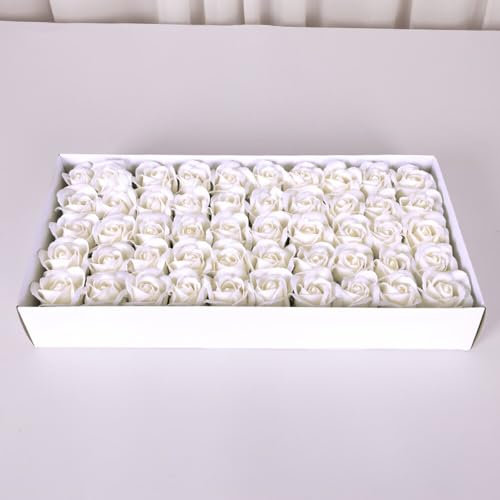 Wambere 1 Box mit 50 Stück Seifenrosen,Seifenblumenbox Rose Soap Blumen in GeschenkBox,Künstliche Rosenköpfe,Seifenblumen Badeseife Rosenblüte mit Sockel,für Jahrestag Geburtstag Valentinstag,Weiß