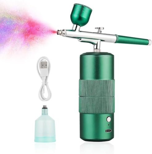 LIARTY Verde Kit de aerógrafo inalámbrico con compresor, mini pistola aerógrafo portátil, inalámbrico y kit de aerógrafo manual recargable para maquillaje, patrones de coloración