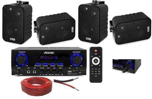 Kit Audio Filodiffusione con Amplificatore 2x50W, 4 Casse da Parete Nere, Telecomando e 50 Metri di Cavo, Bluetooth, USB, SD, Sistema a 2 Vie Bass Reflex