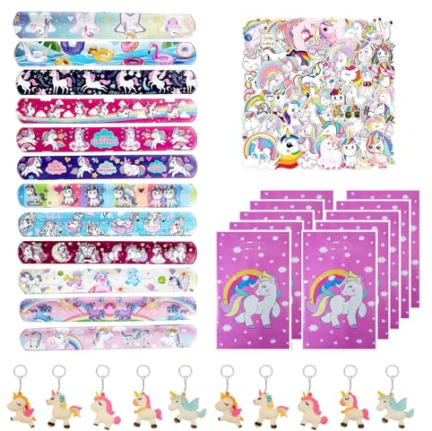 Gadget Compleanno Bambini Unicorno, 82pcs Regalini Fine Festa Compleanno con Sacchetti Regalo Portachiavi Adesivi Braccialetti Slap, Regali Compleanno Bambini, Mini Gadget Compleanno per Bambina