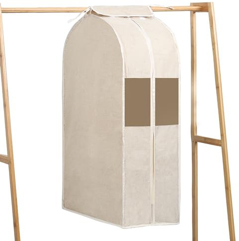 DOUZIO Buste Copriabiti, Borsa per Abiti Appesi Copri Abiti in Cotone Isolamento delle Maree Copri Abiti di Grande capacità con Cerniera Lavabile(Size:90×60×28cm,Color:Beige)