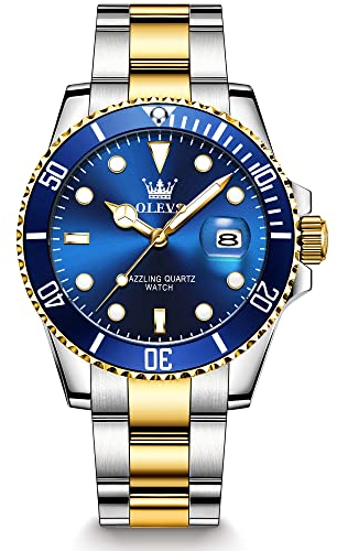 OLEVS Bicolor Uhren für Männer Edelstahl Modern Silber Gold Metallarmband Herren Armbanduhr Großes Quarz Leuchtend Herren Uhren Blau Zifferblatt mit Datum Analog Kleid Herrenuhren Wasserdicht