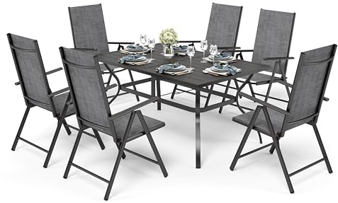 PHIVILLA Gartenmöbel Set Balkonmöbel Gartentisch mit Stühlen152×95 Metall Gartentisch 7-Fach Verstellbar Hochlehner Klappbar Sets of 6, Terassenmöbel Außen Wetterfest Grau