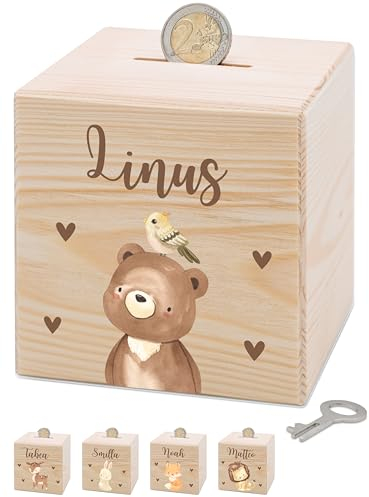 Bärenfreunde® - Personalisierte Spardose Kinder aus Holz mit Metallschloss - Spardose mit Namen mit kinderfreundlichem UV-Druck zum Sparen für Kinderträume (Bär)