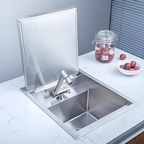 PQXQZ Fregadero Camper, Fregadero Cocina, Fregadero de Acero Inoxidable con Grifo y Tapa Plegables, Accesorios para Remolques de Camper (Color : Hot+cold water faucet, Size : 30x39cm)