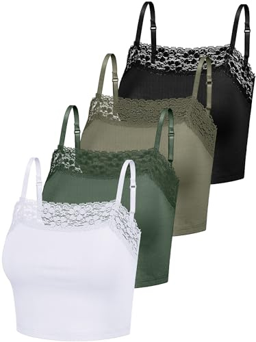 Bencailor Pack of 4 Women's Camisole Crop Tops with Lace Trim Lace Cami Tops for Girls, White, Pickle Green, Dark Green, Black, L