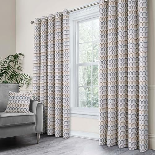 Curtina - Grey Woven Curtains W90 x L72 (229 x 183cm) - Geometric Eyelet Curtains in Grey/Natural Tones - Chenille Pattern Drapes for Living Room/Bedroom - Door Curtain - Arcadia Collection