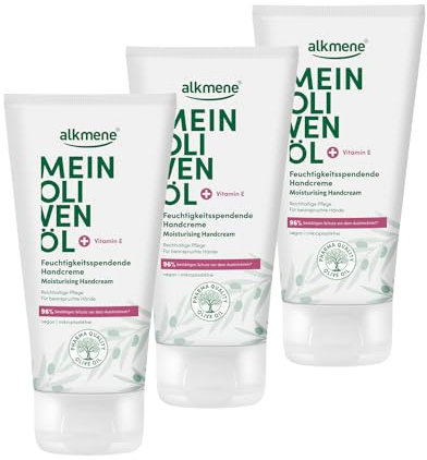 alkmene 3x Handcreme für sehr trockene Hände 75 ml - 96% bestätigen Schutz vor dem Austrocknen - Feuchtigkeitsspendende Hand Creme mit Olivenöl - Handcreme Männer & Frauen - Handpflege vegan