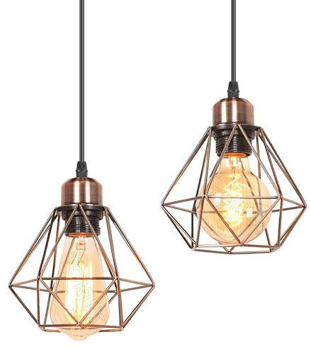 TOKIUS 2 Stücke Pendelleuchten 16CM Vintage Hängelampe im Industrial Design Retro E27 Lampe aus Eisen Geometrisch Käfig Lampenschirm Retro Hängeleuchte (Kupferrost, Pendellampe 1-flammig)
