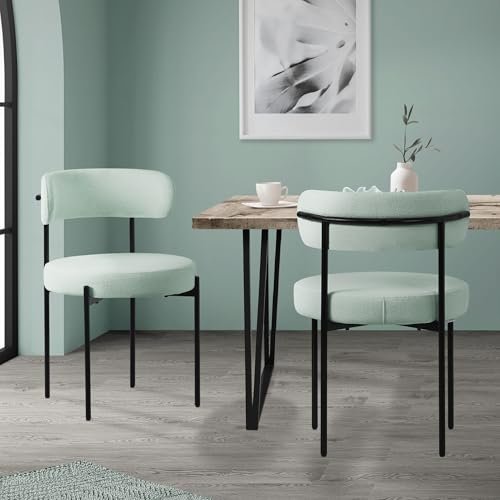 ML-Design Lot de 2 Chaises de Salle à Manger, en Tissu Teddy Polyester, Vert, avec Dossier, Chaise Ronde Rembourrée avec Pieds Métalliques Noirs, Fauteuil Lounge Ergonomique de Salon Cuisine Bureau