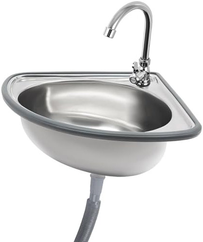 Fregadero de Esquina de Acero Inoxidable,Lavabo de Baño de Montaje en Pared,Fregadero triangular de Esquina,1 seno,con grifo de agua fría,Lavabo de Baño triangular,32x26x15 cm