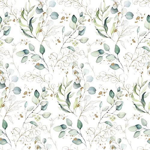 Keine Meterware, Blumen Stoffe zum Nähen, Stoff für Mädchen und Damen: 100% Baumwolle: 1,5m Eukalyptus Baumwollstoff mit Blüten und Blätter - mint petrol weiß gold