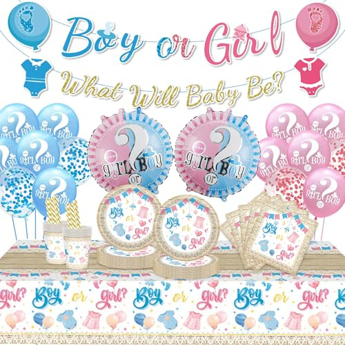 Gender Reveal Decoration Party Tableware - Boy or Girl What Will Baby Be Banners, Blue and Pink Reveal Balloons Tablecloth Paper Cups Napkins Paper Straws for Baby Shower Supplies (16 Guests)