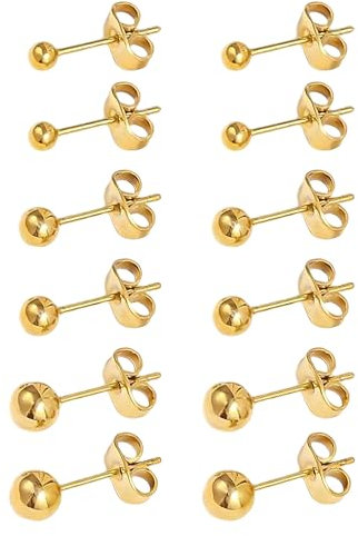 12 Pcs Gold Ball Stud Earrings Women Hypoallergenic Ball Earrings 3mm-8mm Stainless Steel Round Ball Studs Earrings
