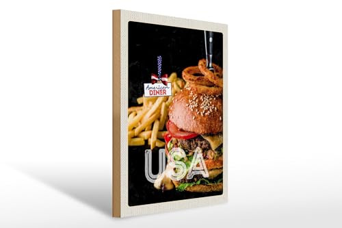 Femer Plaque en bois voyage 30 x 40 cm USA Burger frites rondelles d'oignon manger