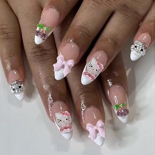 MouyouGlow Press on Nails Kurz,Almond Weiß French 3D Kitty Schleife Bow Tie Crystal Kirsche Cherry Cute Kawai Cartoon Fake Nails mit Nagelkleber,Y2K Coquette Künstliche
