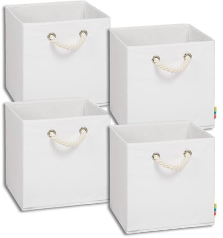 Storanda | 4er Set Aufbewahrungsbox | Kordel Griffband | Stabile & Faltbare Boxen | Regalboxen für Würfelregal Kallax | Ideal für Zuhause & Kinderzimmer | 30x30x30 cm | Weiß